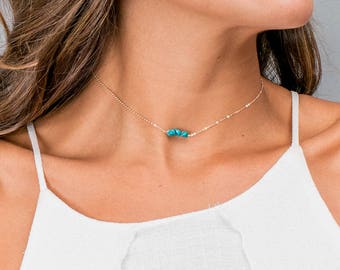 Dainty Turquoise Choker Necklace, Simple Turquoise Necklace, Beaded Chain Choker, Short Layering Necklace, Custom Best Friend Necklace