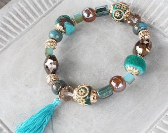 Teal bracelet, tassel bracelet, statement bracelet, stacking bracelet, stretch bracelet, gypsy bracelet, chunky bracelet