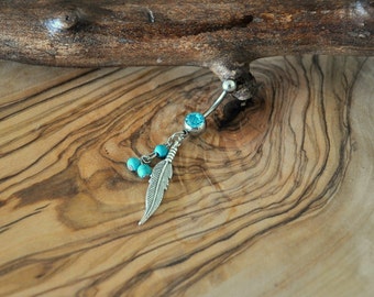 Boho Chic Piercing Nombril - pendentif plume avec des perles de Turquoise/Bleu