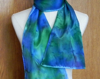 Oblong silk scarf hand dyed in shades of blue and green, ready to ship, crepe silk scarf