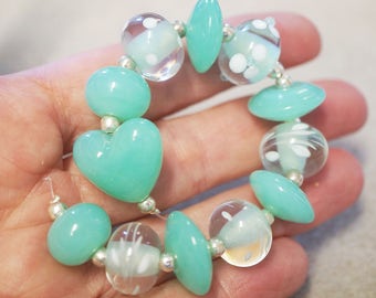 12 Handmade Lampwork Glass Beads - Soft Green