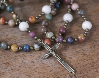 Franciscan Crown Rosary. natural gemstones and brass. Red Creek Jasper & Riverstone. Heirloom Quality (222R)