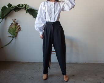 black wool baggy trousers / wool felt pleated pants / high waist baggy pants / US 16 / 34 W / 3510t / B15