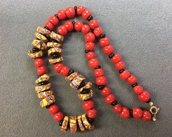 African Trade Bead and Red Glass Bead Necklace. Free shipping