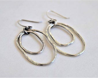 Sterling Silver Metalwork Earrings - Hammered Silver - Dangles - Gift For Her - Simple
