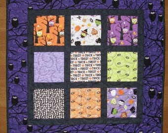 Halloween Quilted Table Topper Wall Hanging, Purple Black Table Topper Wall Hanging, Owls Witches Halloween Table Mat, Quiltsy Handmade