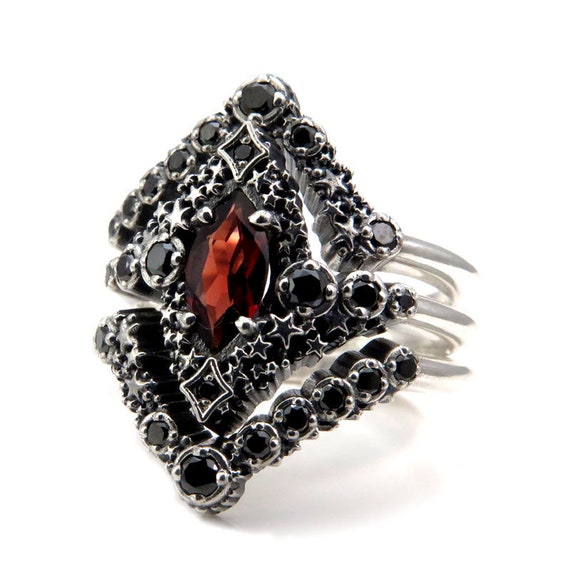 Garnet Marquise Constellation Engagement Ring Set with Black Diamonds - Pick Your Center Stone