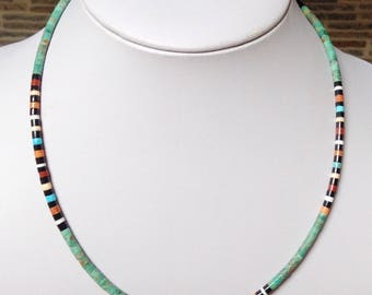 Native American Santo Domingo Turquoise Apple Coral Pipestone Jet Silver Necklace - Dorene Calabaza 17"