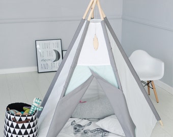 Tipi Kids Play Teepee Tent SALE Little NOMAD grey + mint/Playhouse Playtent childrens teepee