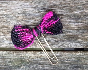 Knitted Bow Planner Clip, Ready to Ship, Pink, Black, Black Paperclip, Gold Paperclip, Silver Charm, Planner Accessory