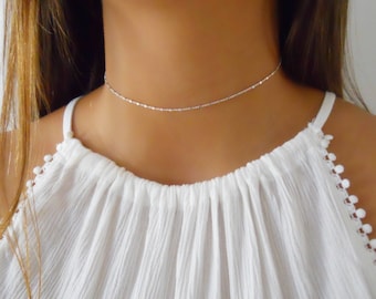 Simple Silver Choker, 925 Sterling Silver Chain Necklace With Tiny Squares, Choker Necklace, Layering Silver Choker, #336