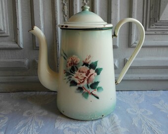 French vintage enamel coffee pot, lidded jug green and white floral cafetiere 1930's pink roses enamelware antique country kitchen chic