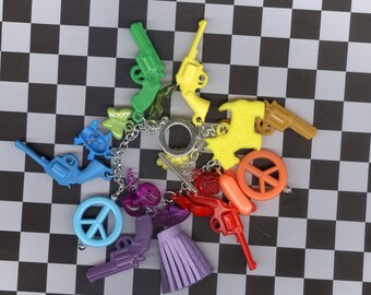 Rainbow Charm bracelet plastic charm Crackerjack charm bracelet vintage gumball charm jewelry bracelet plastic gun charms spring jewelry