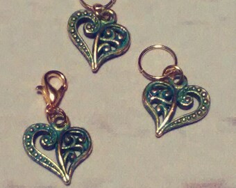 Green and Gold Heart- Stitch Marker Set-Choice