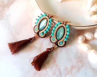 Dangle long soutache earrings - statement tassel crystal earrings - gold brown earrings - soutache jewelry - gift for her best friend gift