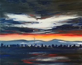 picture-sunset-plain-skyline-panorama-oil paintings-landscape painting-oil on canvas-piece-nature-red-blue-30 x 30