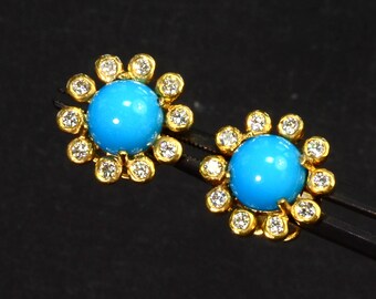 18k Solid Yellow Gold Fine Sleeping Beauty Turquoise Diamond Ear Studs Earrings
