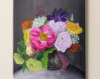Floral Bouquet ORIGINAL Acrylic Painting 11x14 (Floral Still Life Painting, Flower Painting, Floral Bouquet Painting, Anniversary Gift)