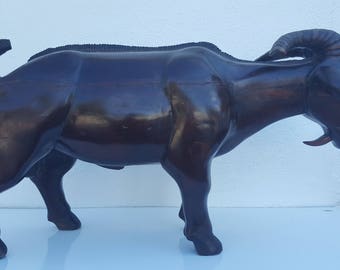 Vintage Hand Carved Wood Goat Sculpture .