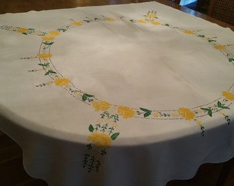 Vintage Square Shaped Yellow Flowered tablecloth, yellow and green, card tablecloth, machine