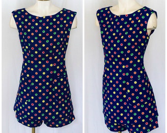 1960s navy blue polka dot tunic top and matching short shorts