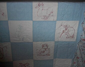 Antique Vintage Redwork Quilt Primitive Folky Completely Handstitched Childrens Story Woodland Animals Pattern 20s 30s
