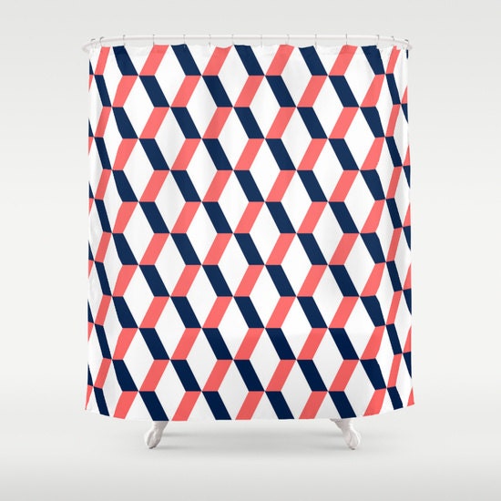 Geometric Shower Curtain Navy Coral White Bathroom