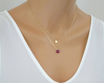 Personalized Ruby Necklace, dainty tag necklace, Initial necklace, Layering necklace, July Birthstone Minimalist Necklace
