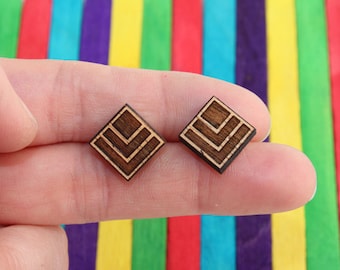 Wood laser cut earrings studs chevron and square tile, natural wood finish