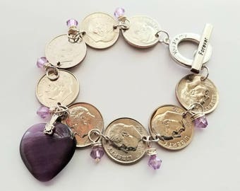 Dime Bracelet, Coin Jewelry, Silver Charm Bracelet