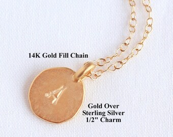Personalized Initial Necklace Gold Vermeil/Gold Fill Letter Necklace-Gold Sterling Silver Hammered Stamped Initial Disc 12mm-Letter Necklace