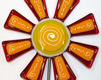Glassworks Northwest - Brilliant Red Flower Stake - Fused Glass Garden Art