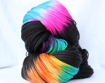 Hand Dyed Yarn, Black and Brights, variegated yarn, fingering weight, worsted bulky weight, superwash merino wool / nylon yarn, sock yarn,