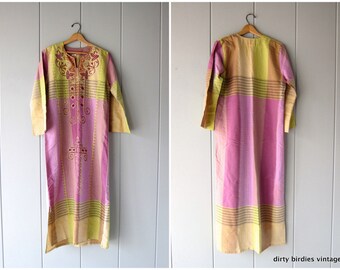 70s Egyptian Caftan Donia Al Nagham Intricate Embroidered Lounge Dress Vintage Boho Floral Kaftan Hippie Tribal Ethnic Womens Small Medium