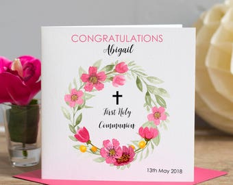 First Holy Communion Card - Girls Communion - Holy Communion Day - Holy Communion Card - 1st Holy Communion - Modern Communion Card