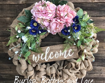 Burlap Wreath with Pink Hydrangeas and Navy Blue Daisies