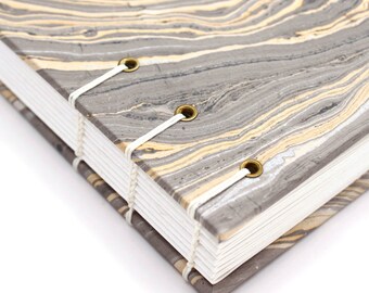 Unlined Journal - Lay Flat Journal - Gray and Gold - Marbled/Marbelized Paper - 160 pages - handbound by Ruth Bleakley