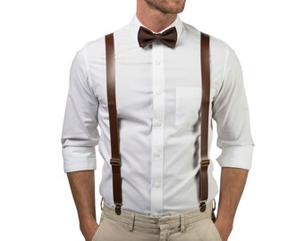 Brown Leather Suspenders & Brown Bow Tie for Groom, Groomsmen, Ring Bearer