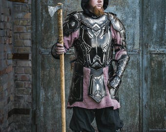 Blackened Steel LARP Armor- Dwarven Style Full Set: Cuirass, Pair of Shoulders, Pair of Bracers, Pair of Leg Greaves handcrafted custom made