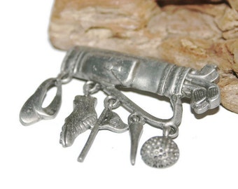 JJ Jonette Brooch, JJ Jonette Jewelry, JJ Brooch, Pewter Golf Bag Pin, Signed Jewelry, Vintage Jewelry, Gift for Her, Golf Lover