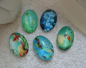 CABOCHONS FONDS MARINS 2.5 cm en verre ovales fonds marins et personnages lot de 5 pour supports camées