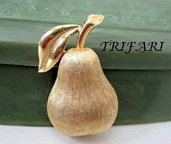 Trifari Pear Brooch, Brushed Gold Tone Pin, Mid Century Figural