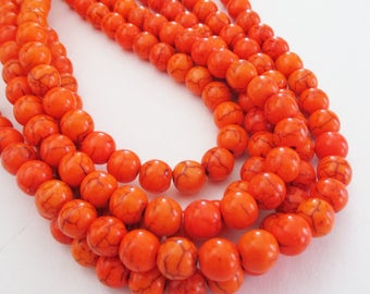 Orange Round Beads - Howlite Round Ball Beads - Smooth Turquoise Drilled Gemstone - 8mm /16" Strand - DIY Spring/Fall Jewelry - Bulk Price