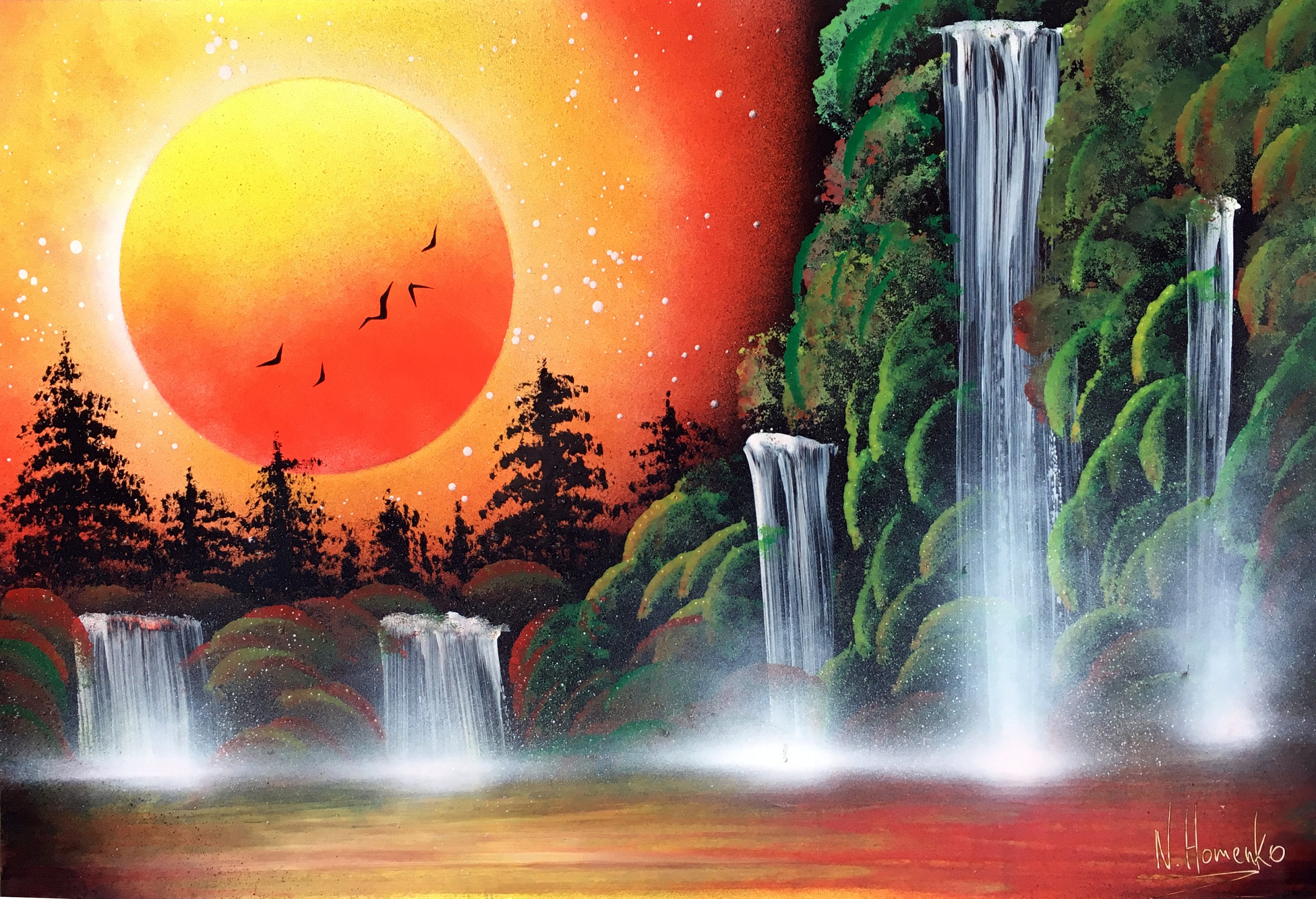 Orange picture Waterfall painting Spray paint Landscape