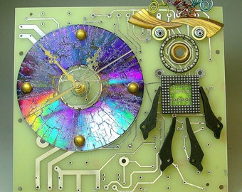 Recycled CIRCUIT BOARD Geek CLOCK Vintage Millefiori Bad Hair Day