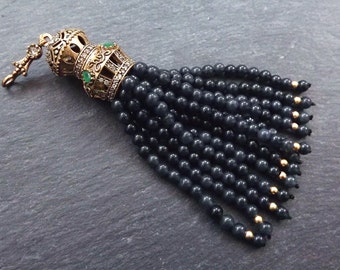 Large Long Deep Gray Jade Stone Beaded Tassel with Green Clear Crystal Accents - Antique Bronze - 1PC
