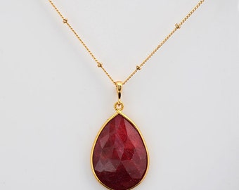 Ruby Necklace, Large Gemstone necklace, July Birthstone necklace, dyed ruby pendant, ruby jewelry, custom necklace, satellite chain necklace
