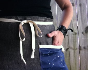MOTHER'S DAY GIFTS, Linen Half Apron with Single Pocket - Gray with Navy Constellation, Made to Order