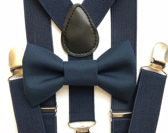 Bowtie and Suspenders Set/Navy Bowtie/Navy Suspenders/Silver Buckles/Baby and Toddler Bowties/Birthday and Wedding Sets