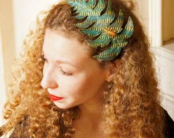 Fiber Art Leaf Green-Blue Silk Fern Headband Botanical Fascinator Woodland Natural History Nature Lover Gift for Her Free Shipping